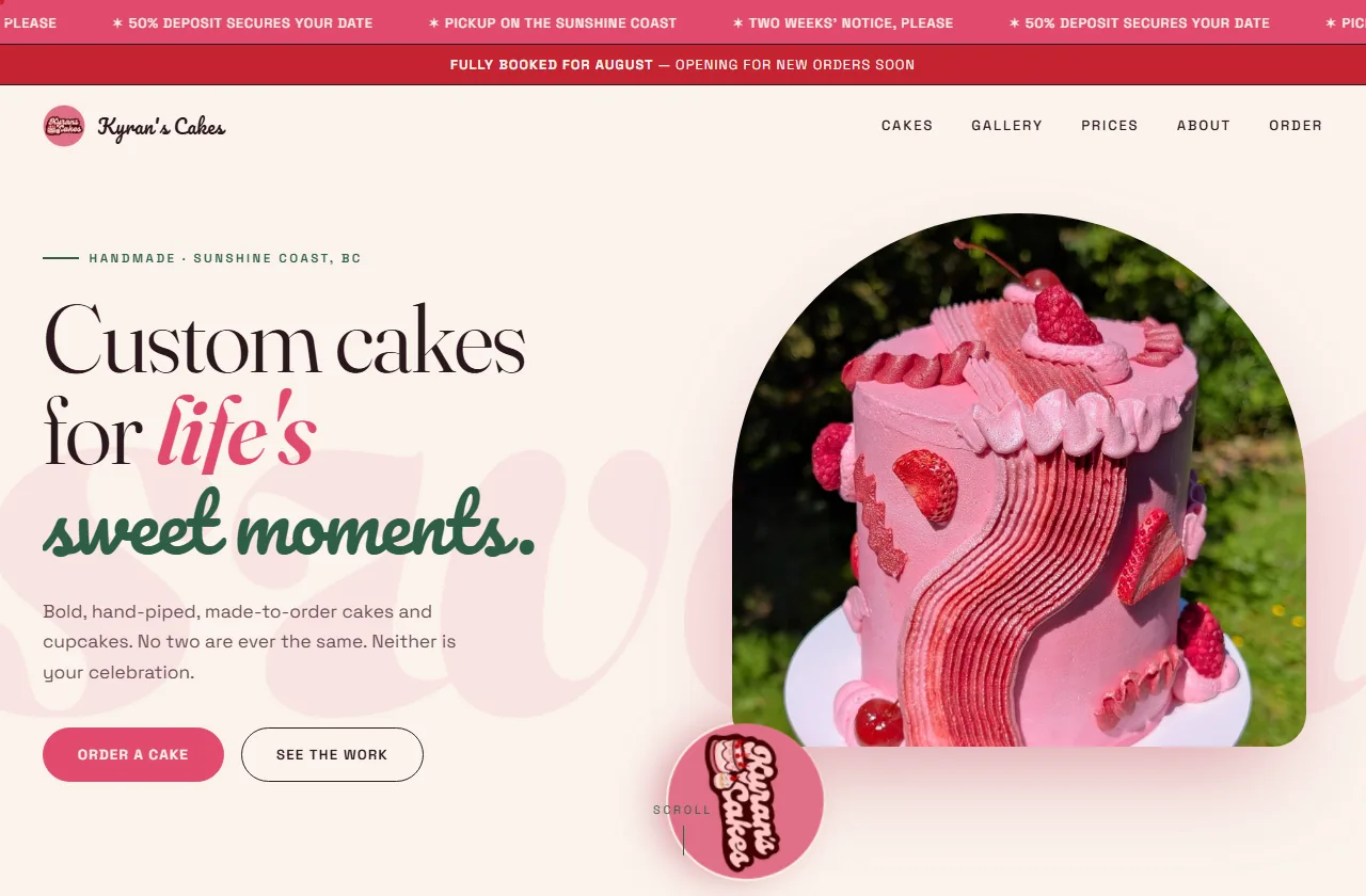 Kyran's Cakes homepage